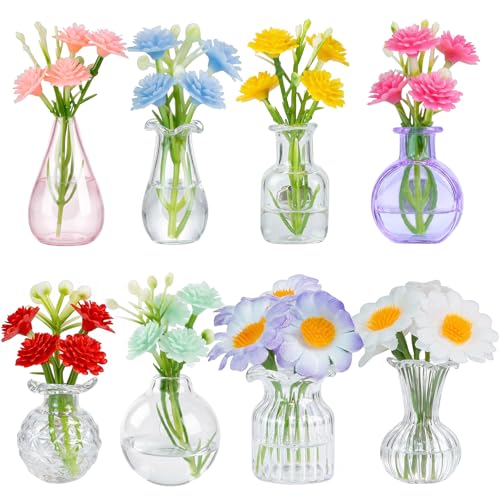 Samlior 8PCS Mini Glass Vase Refrigerator Magnets with Artificial Flowers Cute Tiny Flower Fridge Magnets for Refrigerator Office and Kitchen Cabinet Decoration