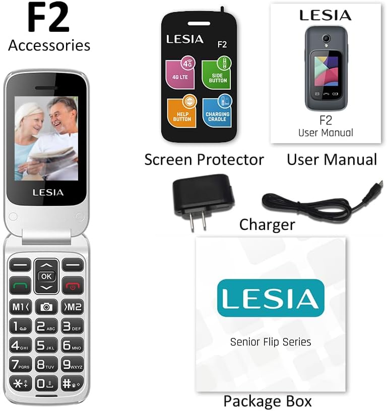 Teléfono plegable LESIA F2 y sus accesorios, incluida base de carga, cable USB, adaptador, batería y manual de usuario.