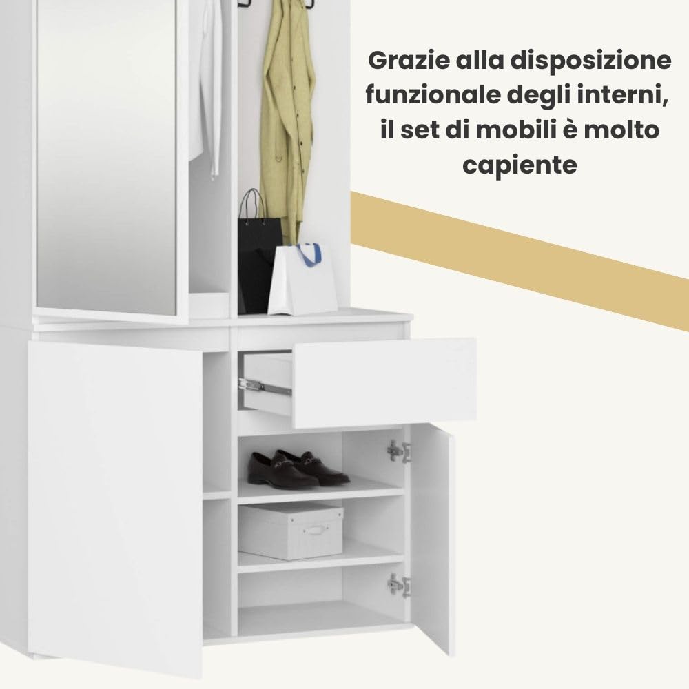 AKORD Set Guardaroba ENTRO 95 cm - Mobile Da Ingresso Moderno 3 Ante 1 Cassetto 7 Ripiani - Mobile Entrata Ingresso con Scarpiera e Appendiabiti - Arredo per Corridoi - Bianco