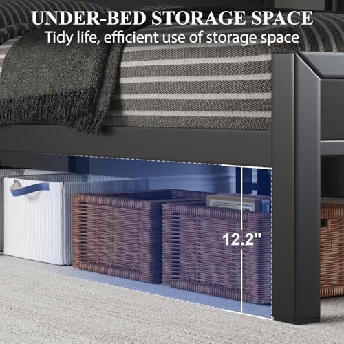 Image of LOEWAY King Size Bed Frame with Storage Headboard, Industrial Platform Bed with Charging Station and LED Lights, Heavy Duty Metal Slats, No Box Spring Need, Noise Free, Black