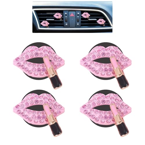 Image of ORIESSE Pink Air Vent Clips Car Air freshener 4pcs Dazzling Lips Lipstick Bling Car Interior Decorations Accessories for Women Teens Girly Refillable Diffusers