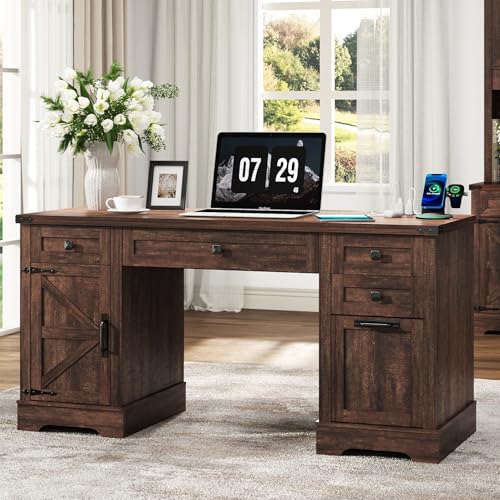 Squireewo 58'' Farmhouse Home Office Desk with Drawers, Wooden Executive Desk with Charging Station, File Drawers and Storage Cabinet, Computer Desk for Work, Study and Writing, Brown