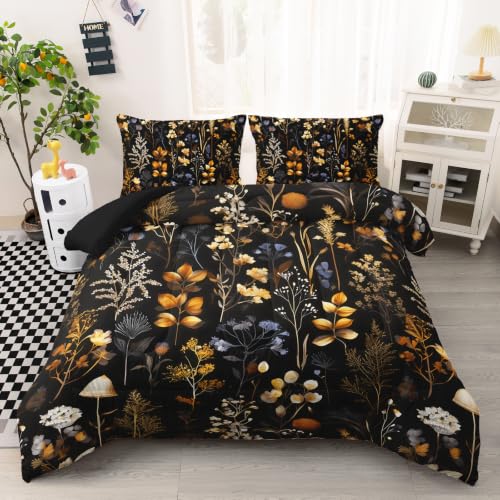 Image of AILONEN Midnight Meadow Full Comforter Set 3 Piece, Amber Floral Bedding, Cream Branch Garden Pattern, Teen Room, 2 Pillowcases