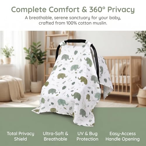 Image of Beatoutou Baby Car Seat Cover，100% Muslin Cotton Carseat Covers for Baby Boy /Girl,UniversalInfant Car Seat Cover for Newborn Summer Essentials,Soft & Breathable(Cute Elephant)