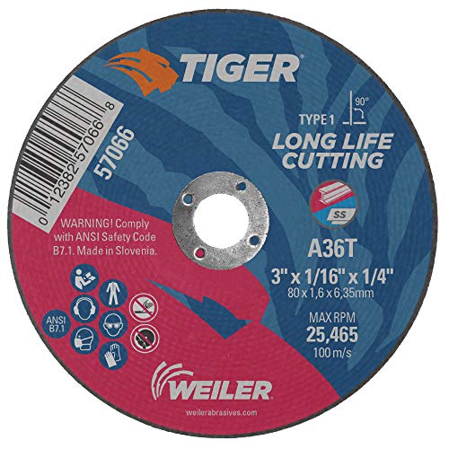 Image of Weiler 57066 3-Inch Cutting Wheel, Tiger AO Steel /Metal Long Life, Performance Cutting, 1 /16 inch A36T Type 1 1 /4 inch Arbor (Pack of 100)