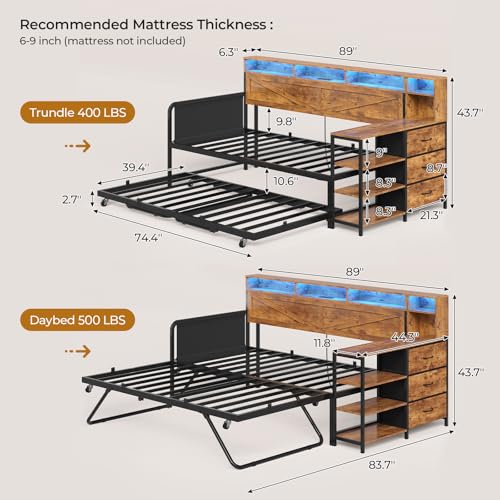 Image of MSmask Daybed with Trundle, Twin Day Bed with 3 Storage Drawers and Shelves, Farmhouse Wooden Daybed Frame with Charging Station and LED Lights for Bedroom, Rustic Brown