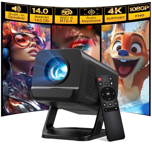 Image of Mini Projector for Bedroom with WiFi and Bi-directional Bluetooth 1080P 4K Support Smart Android 14 OS Auto Keystone Compatible with Netflix, YouTube, Prime Video, Disney+ Black