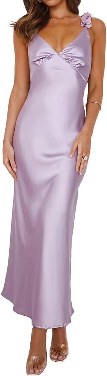 Phicia Summer Satin Spaghetti Strap V Neck Midi Dresses for Women Wedding Guest Elegant Flower Backless Cocktail Formal Dress