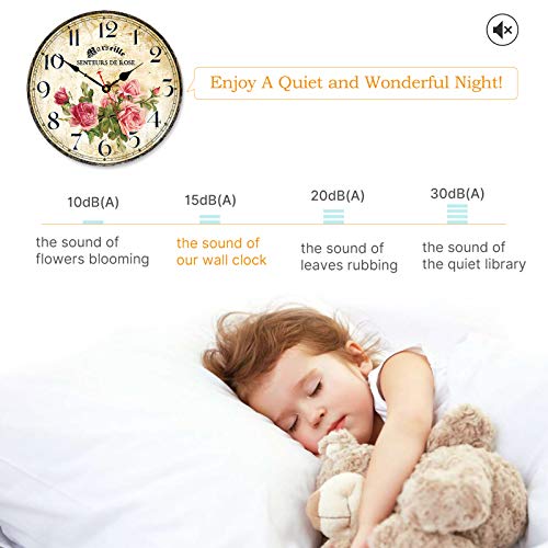 Image of 14in Vintage Pink Rose Wooden Wall Clock Decorative for Kitchen Home Decor | Home Silent Non-Ticking Quartz Movement Round Battery Operated Indoor French Floral Clock