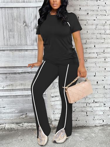 Image of STOLKISS Women 2 Piece Outfits Summer Workout Sweatsuit Striped Short Sleeve Long Flare Pants Casual Travel Tracksuit