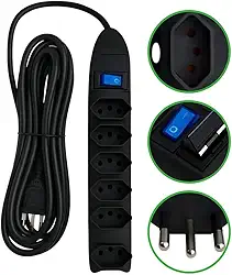 Extensão Elétrica 6 Tomadas com Fusível de Proteção e Interruptor – Cabo 3,0m Bivolt 110/220V, Filtro de Linha Seguro, 10A, Até 2500W – Régua de Tomadas para Casa e Escritório – (Preto)