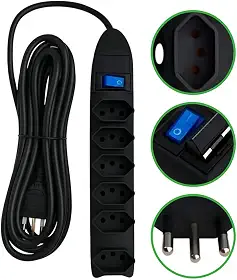 Extensão Elétrica 6 Tomadas com Fusível de Proteção e Interruptor – Cabo 3,0m Bivolt 110/220V, Filtro de Linha Seguro, 10A, Até 2500W – Régua de Tomadas para Casa e Escritório – (Preto)