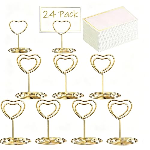 ZSHNYUKX 48Pcs Gold Place Card Holders, 2-in-1 Heart Shape Table Number Holders with Gold Foil Border Cards, for Wedding Party Buffet Centerpieces Food Labels