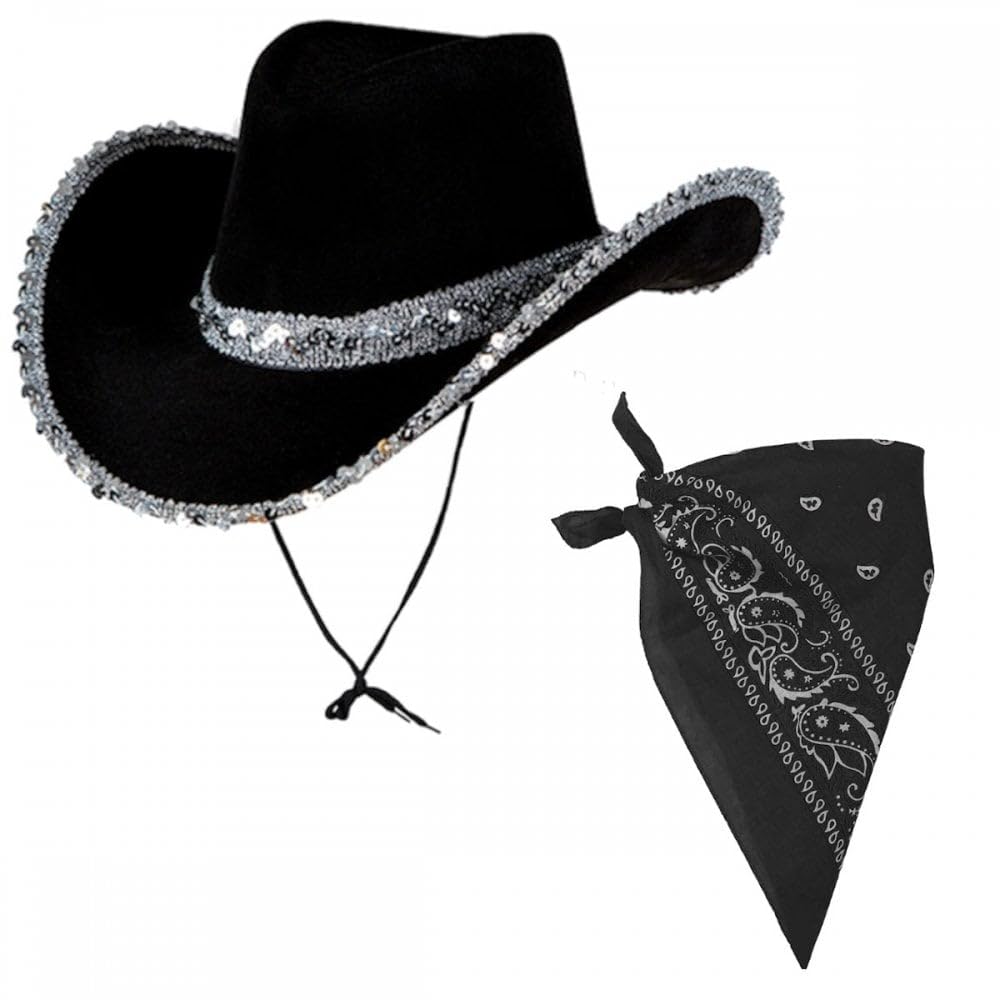 Titch & Timbo Texan Sequin Cowgirl Hat + Bandana Set : Adult Womens Western Cowboy Wild West Hen Night Rodeo Barn Dance Music Festival Pop Tour Fancy Dress Accessory (Black)