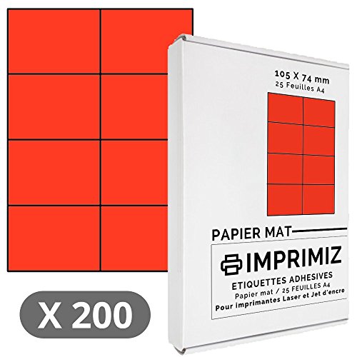 200 étiquettes autocollantes Rouge fluo de 105 X 74 mm - 8 étiquettes / feuille - 25 planches papier A4 adhésif couleur - pour impression Laser et Jet d'encre