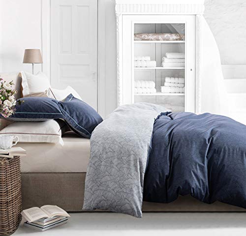 Image of SLEEPBELLA Duvet Cover Set Twin, Navy and Grey Leaves Pattern with Blue Embroidered Flange 600 Thread Count Cotton Reversible Bedding Set