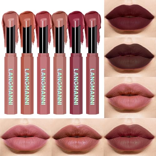 Image of 6PCS Velvet Matte Lipstick Set - Nude Brown, Mocha & Rosewood Shades - Soft Blur Full Coverage Lip Color Collection - Lightweight Long Lasting Creamy Matte Lip Makeup Kit for Everyday & Glam Looks