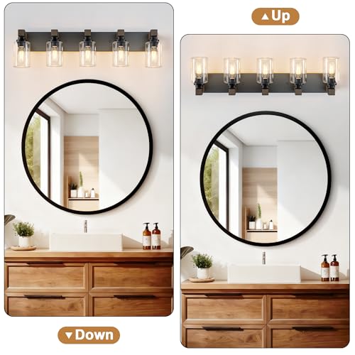 Image of Farmhouse Bathroom Vanity Light Fixtures, Rustic 5-Light Wood Vanity Lights for Bathroom, Vintage Black Wall Sconces Lighting, Light fixtures Over Mirror, with Glass Shade