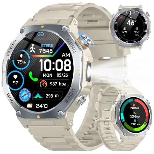 Reloj Inteligente Mujer Militar con GPS y Linterna LED, 5ATM Smartwatch con Brújula llamadas Bluetooth Pulsómetro Oxímetro Sueño, 1.43'AMOLED Reloj Deportivo con 160+Modos Deportivos para IOS Android
