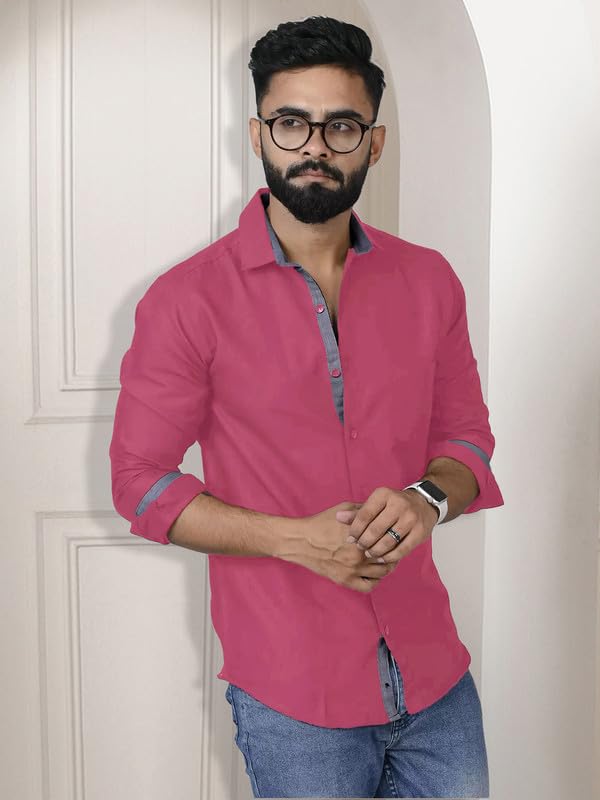 Image of Pinkmint Shirt for Men Cotton Soild Shirt & Spread Collar Long Sleeve Shirt Formal, Travelling