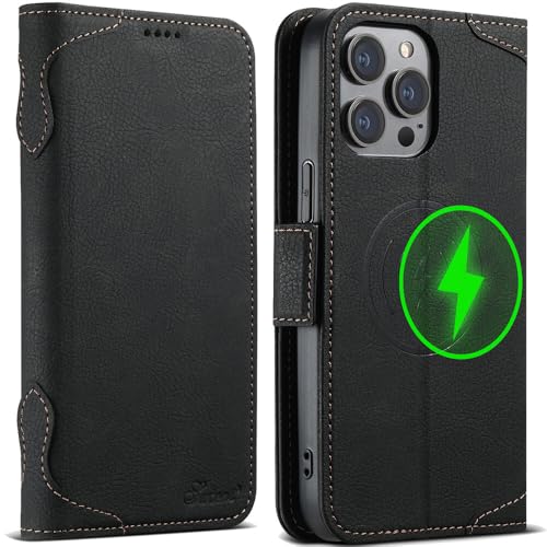 Étui portefeuille en cuir noir pour iPhone 14 avec rabat magnétique