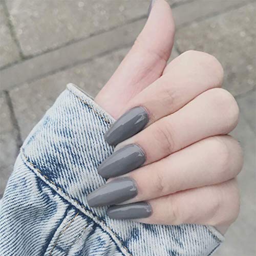Yikisdy Glossy Coffin False Nails Gray Press on Nails MediumFake Nails Pure Color Fingernails for Women and Girls (Pack of 24) (Gray)