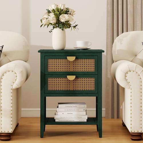 LFGUIZO Rattan End Table with 2 Drawers & 1 Open Storage Shelf, Wood Side Table with Golden Semi-Circular Handles & Solid Wood Legs, Boho Nightstand for Bedroom & Living Room, Green, 1 PC