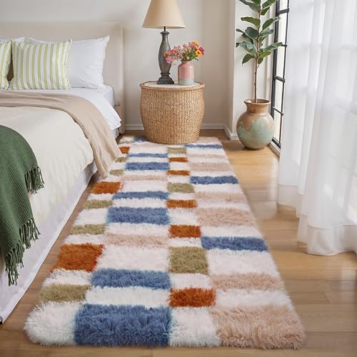 HUGEAR 2x6 Checkered Runner Rug Coloful Bedroom Modern Shag Rug Super Soft Runner Carpet Washable Fluffy Vacuumable Rainbow Area Rugs for Living Bedside Sofa Home Dorm Decor Non Slip 2' x 6'