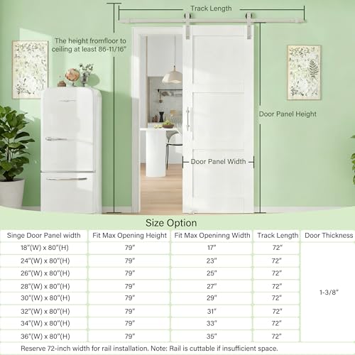 Image of 32 inch x 80 inch 3-Lites Solid Core MDF Panel Barn Door with Trimmable 72 inch Track Kit, Paintable Sliding Barn Doors for Closet Kitchen Bedroom Excellent Sound & Thermal Insulation, Nickel-Plated Hardware Kit