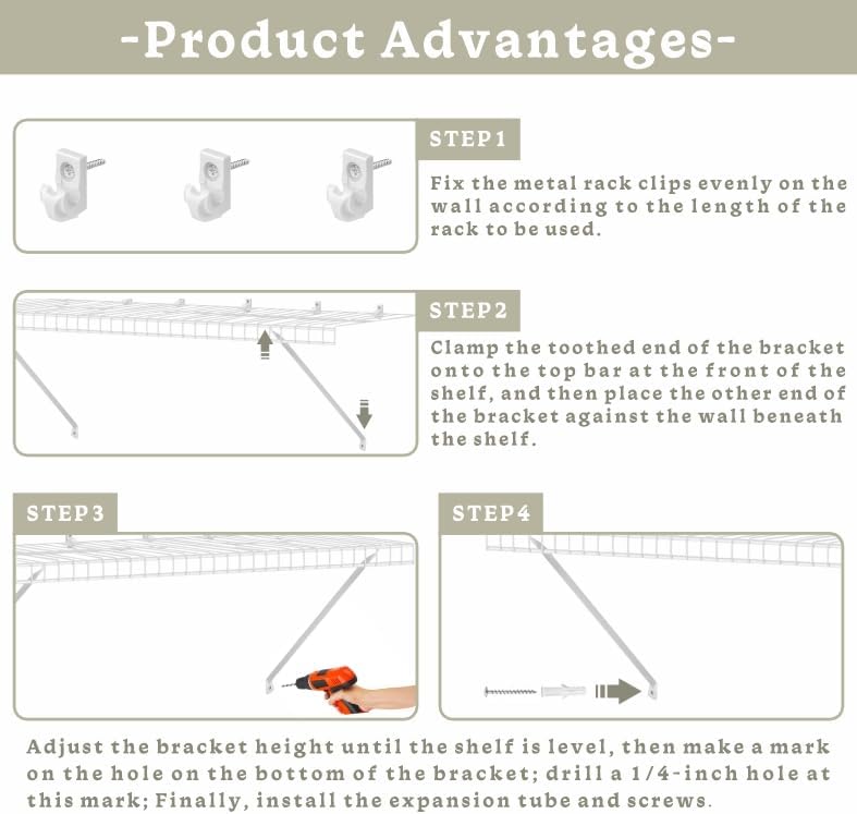 6 Pcs 12 Inch Wire Shelf Brackets Set ，Support Brackets for Wire Shelving Closet Maid Support Brackets with Anchors and Screws ，Suitability for Wardrobe and Wall Bracket Installation.