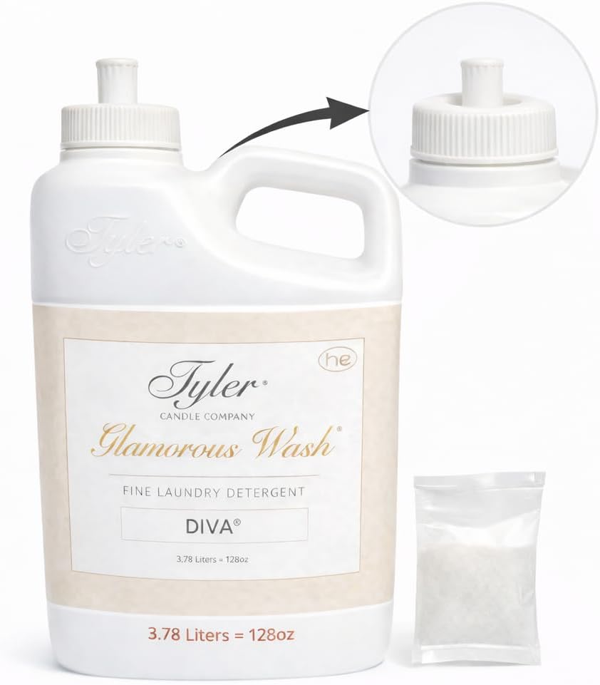 Tyler Candle Company Glam Wash Laundry Detergent, Diva, Liquid, 128 Fl Oz,HE Safe w/Dryer Sachet Pouch, Pull and Pour Spill Proof Cap