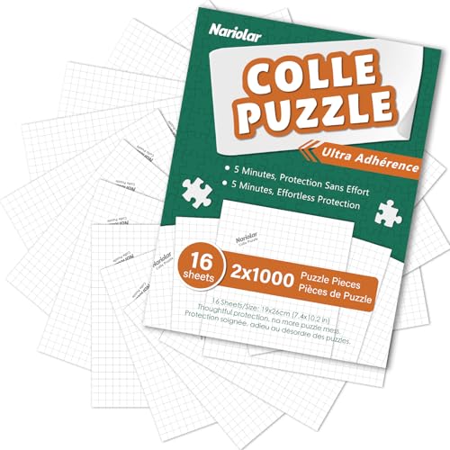 Nariolar Colle pour Puzzle, 16 Feuilles de Colle, Conservation de 2x1000 Pièces de Puzzle, Résolution Facile du Stockage des Puzzles en Quelques Minutes