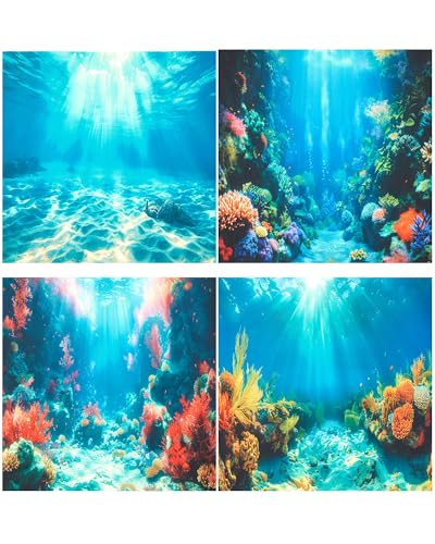 Image of Mindsoft 4 Pack Aquarium Background Polyester 11.8 x 11.8 Inch Cloth Fish Tank Background Undersea Corals Sunshines Rock Aquatic Plants Wallpaper with Double-Sided Tape