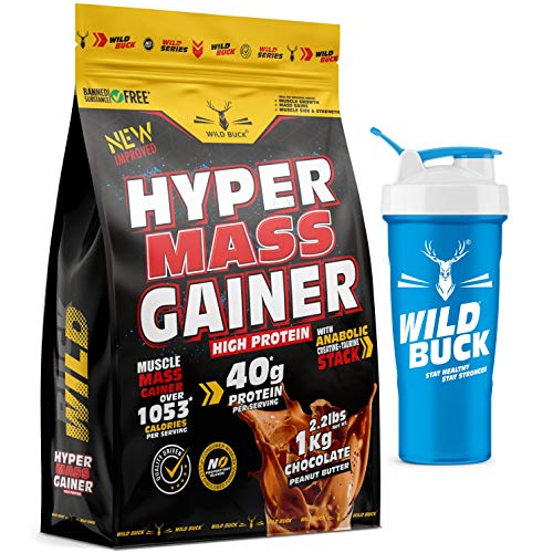 Image of Wild Buck Hyper Mass Gainer, High Protein Muscle Mass Gainer with Creatine + Taurine,1053 Calories & 40g Protein , Gain Strength & Size, Weight Gainer for Men & Women [Chocolate Peanut Butter, 1 Kg / 2.2 lb] Free Shaker