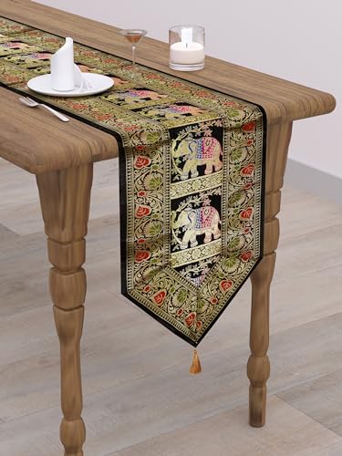Image of Banarasi Brocade Zari Silk Table Runner Dinning & Centre Table Runner 177 By 30 CM (Black, Elephant)