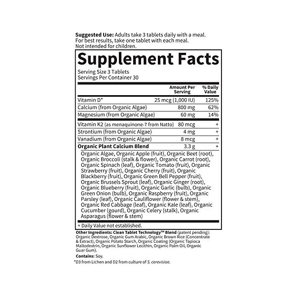 Garden of Life Organics Plant Calcium Supplement Made from Whole Foods with Magnesium, Vitamin D as D3, and Vitamin K as MK7 for Bone Health, Teeth & Joint Support, Gluten-Free - 30 Day Count