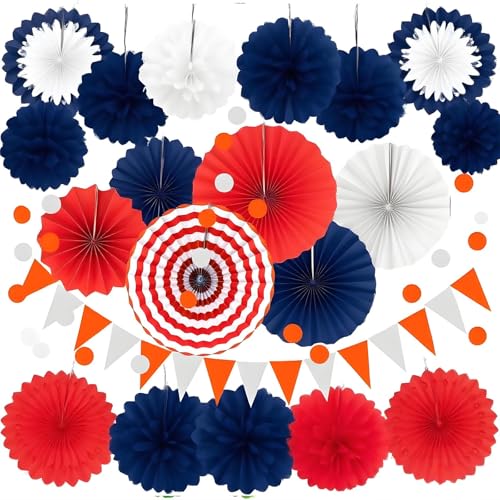 Image of XIKSXITN 12 pcs Red White and Blue Tissue Paper Pom-Poms - Hanging Paper Flowers Ball for Party Decorative (10&12 inch)