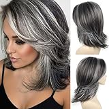 SEVENCOLORS Dark Grey Layered Wigs for Women Medium Length Gray Mixed Silver Wig with Curtain Bangs Synthetic Hair Short Wavy Bob Wigs