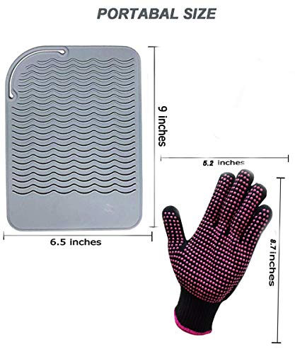 Image of Heat Resistant Glove with Silicone Bump Mat for Curling Iron, Hair Straightener, Flat Irons - 9 x 6.5 Food Grade Mat, Grey
