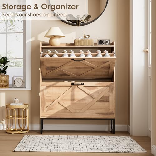 Image of Nicetree Shoe Cabinet with 2 Flip Drawers，Freestanding Shoe Storage Cabinet, Narrow Shoe Organizer Cabinet, Farmhouse Slim Shoe Rack Cabinet for Entryway, Oak with Hook