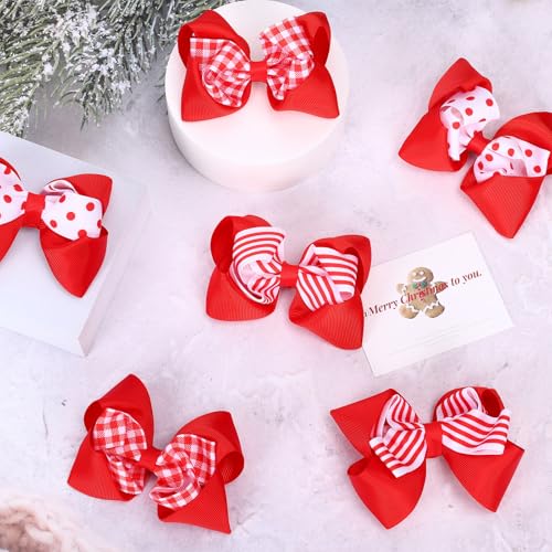 Image of Whaline 6 Pcs Red White Christmas Hair Bow Clips Red Plaid Stripe Dot Hair Barrettes Grosgrain Ribbon Alligator Clips for Girls Hairs Accessories Xmas Party, 3 Styles