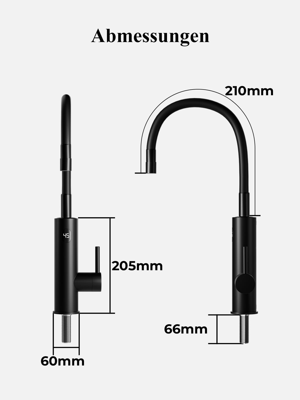 Elektrische Wasserhahn mit Durchlauferhitzer Küche, 2 Strahlarten, Schwarz | Elektrischer Küchenarmatur mit Flexibler Auslauf und LCD Temperaturanzeige, 360º Swivel Elektrischer Wasserhähne
