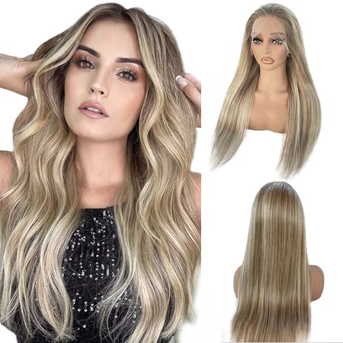 Image of Munx Ash Blonde Human Hair Lace Front Wig for Women 18in, Straight 13x4 Transparent HD Lace Frontal Wigs Thick 180% Density Ombre Brown Colored Lace Front Human Hair Wigs Bleached Knots