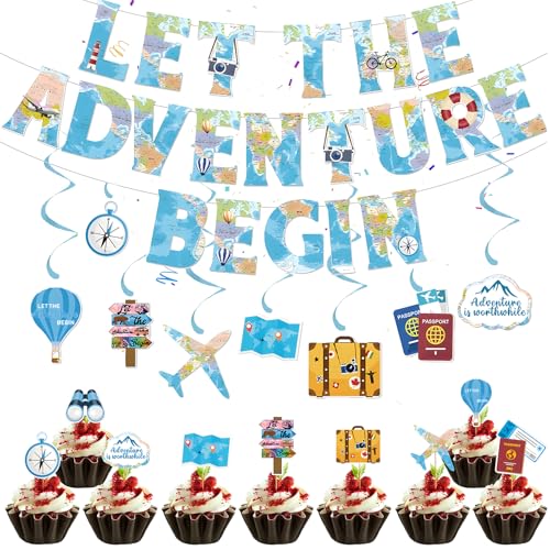 mohito Fiestas Bon Voyage Pancartas de Mapa Mundial Bandera de Let the Adventure Begin Decoraciones para Fiestas de Cumpleaños Baby Shower Graduación Jubilación Tema de Viajes Mundiales
