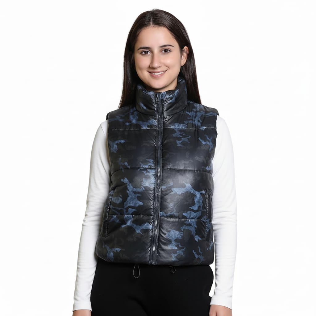 troo blue Quilted Puffer Vest, Blue Camo Print, High Neck, Sleeveless Winter Jacket with Zip Front-picture-31
