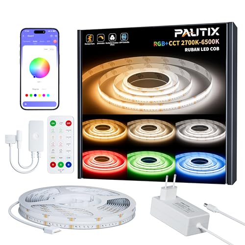 PAUTIX Ruban LED COB RGBWW/CW 5M Kit Dimmable RGB+2700K-6500K CCT Blanc Tunable Couleur Changement Bande Lumineuse LED avec APP Contrôle, Musique Sync pour Chambre Projets d'Éclairage à Domicile