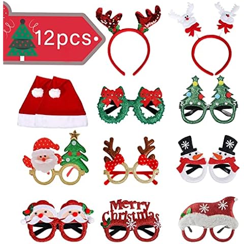 WINAROI 8 Pcs Christmas Party Glitter Glasses, 2 Pcs Christmas Headbands and 2 Pcs Hats, Xmas Novelty Eyeglasses Costume Creative Headband, for Kids Xmas Party Favor Christmas Supplies Gift Cover