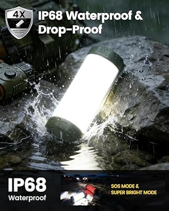 Glocusent Survival Kamp Feneri, 106LED, 5 Parlaklık, 1200LM'ye Kadar, 3 Mod ve SOS, 120 Saat Şarj Edilebilir, IP68 Su Geçirmez, Küçük ve Hafif, Karartma, Kasırga, Yürüyüş için Acil Işık