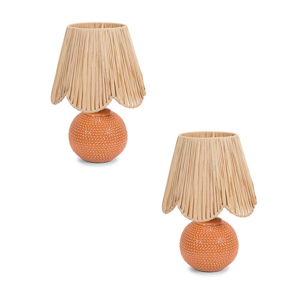 ValueLights Sebby Pair of Ceramic Globe Textured Table Lamps with Raffia Lamp Shades in Orange
