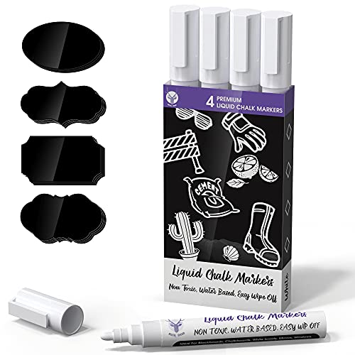 Liquid Chalk Marker Pens, Rush Deer 4 White Premium Dry Erase Markers With 24 Pcs Chalkboard Labels, Chalk Markers for Chalkboard Signs, Windows, Blackboards,Glass, Bistro Boards, Reversible Bullet & 6mm Chisel Tip(Liquid Chalk Marker 4 White+ 24 Sti